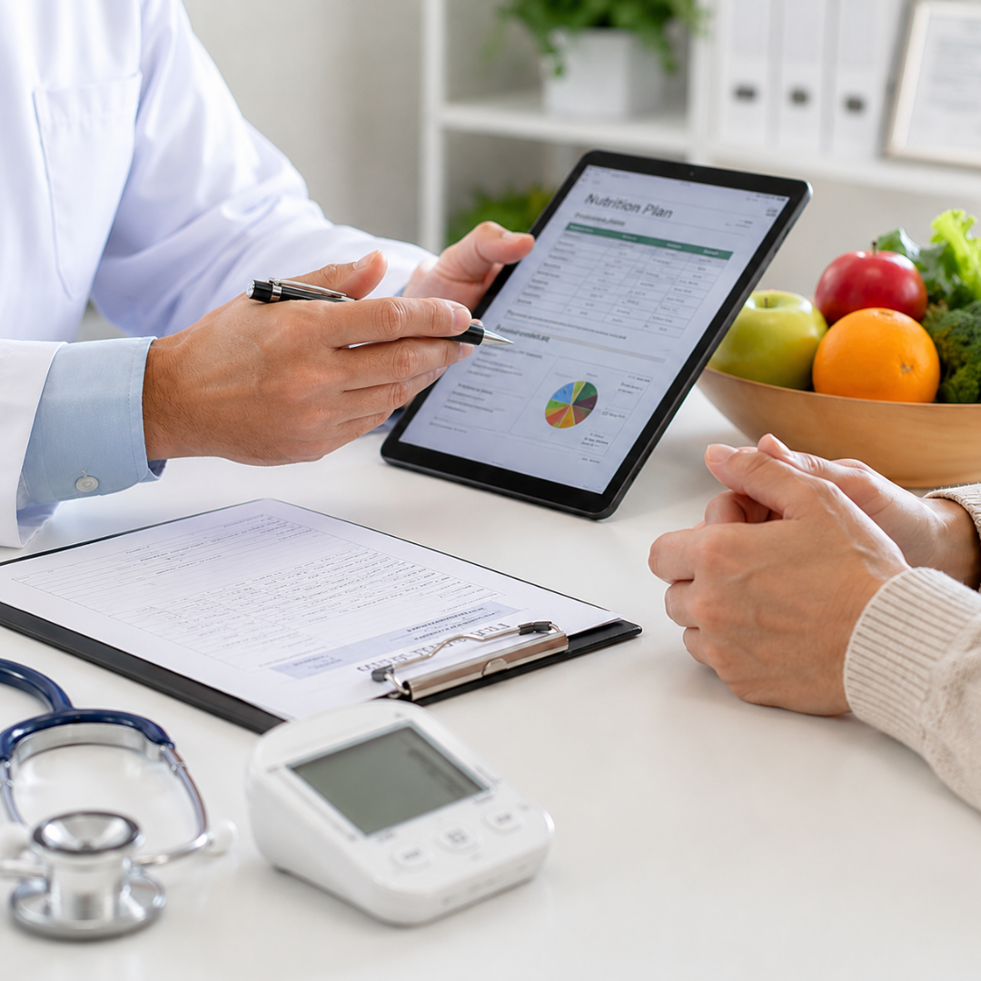 A dietitian shares a nutrition plan with a patient during a consultation