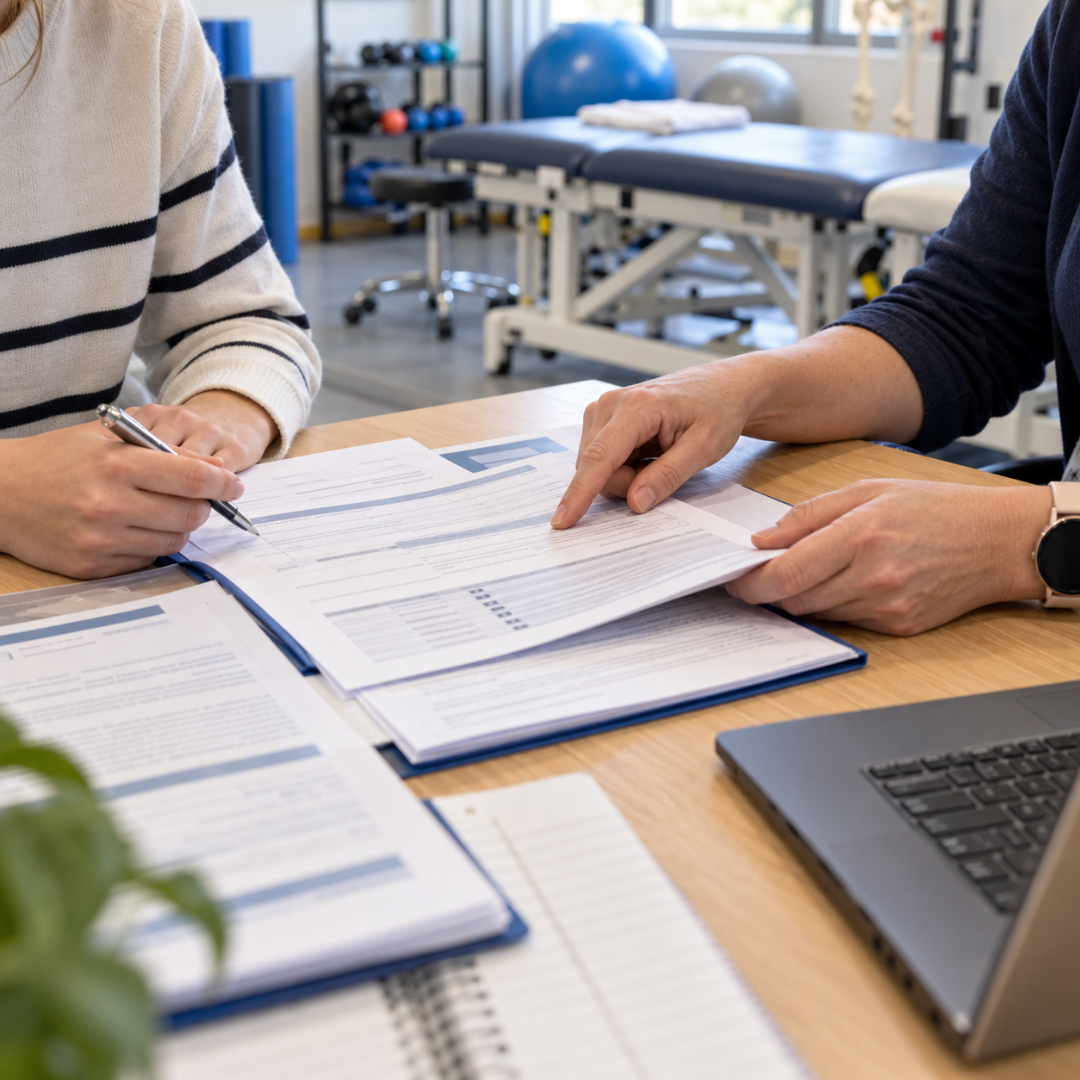 Two people fill out forms in a physiotherapy setting