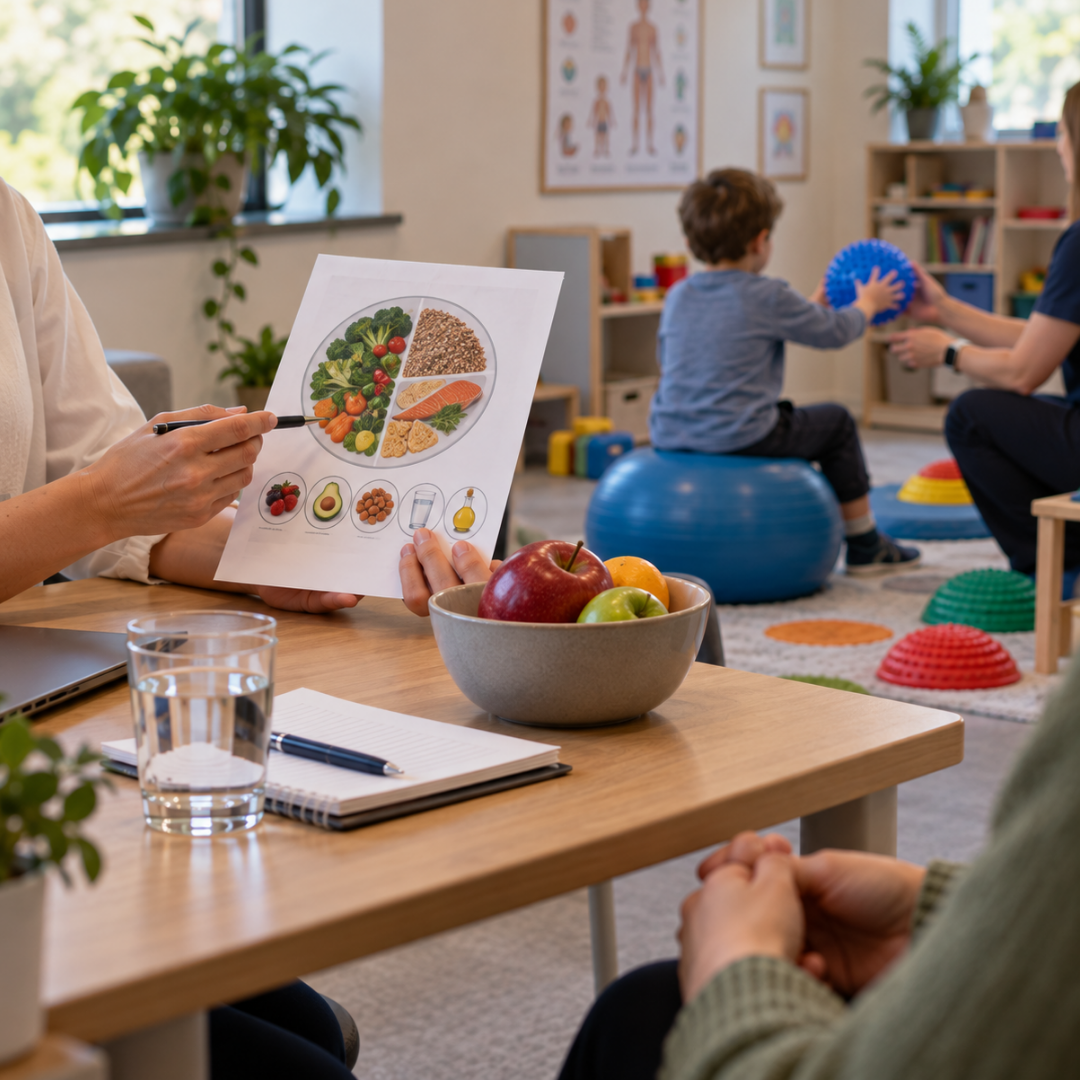 Dietitian discussing a healthy eating guide with a patient while a child takes part in an occupational therapy session in the background