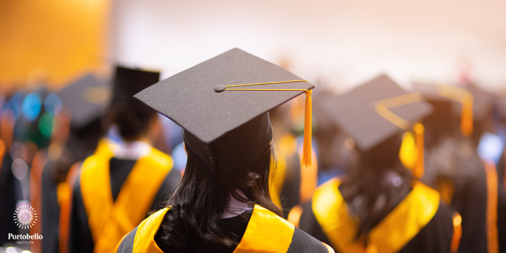 A group of people graduating back of their graduation caps looking forward