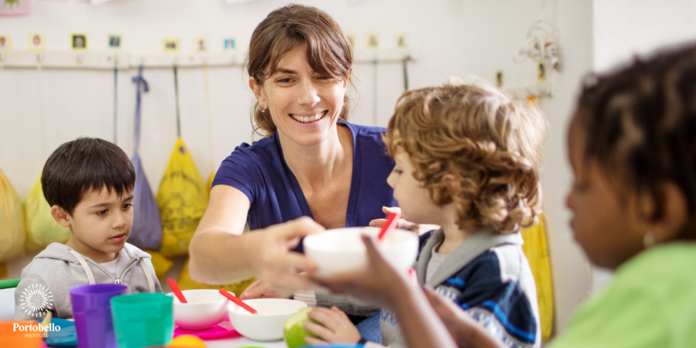 Preschool teacher with children smiling 