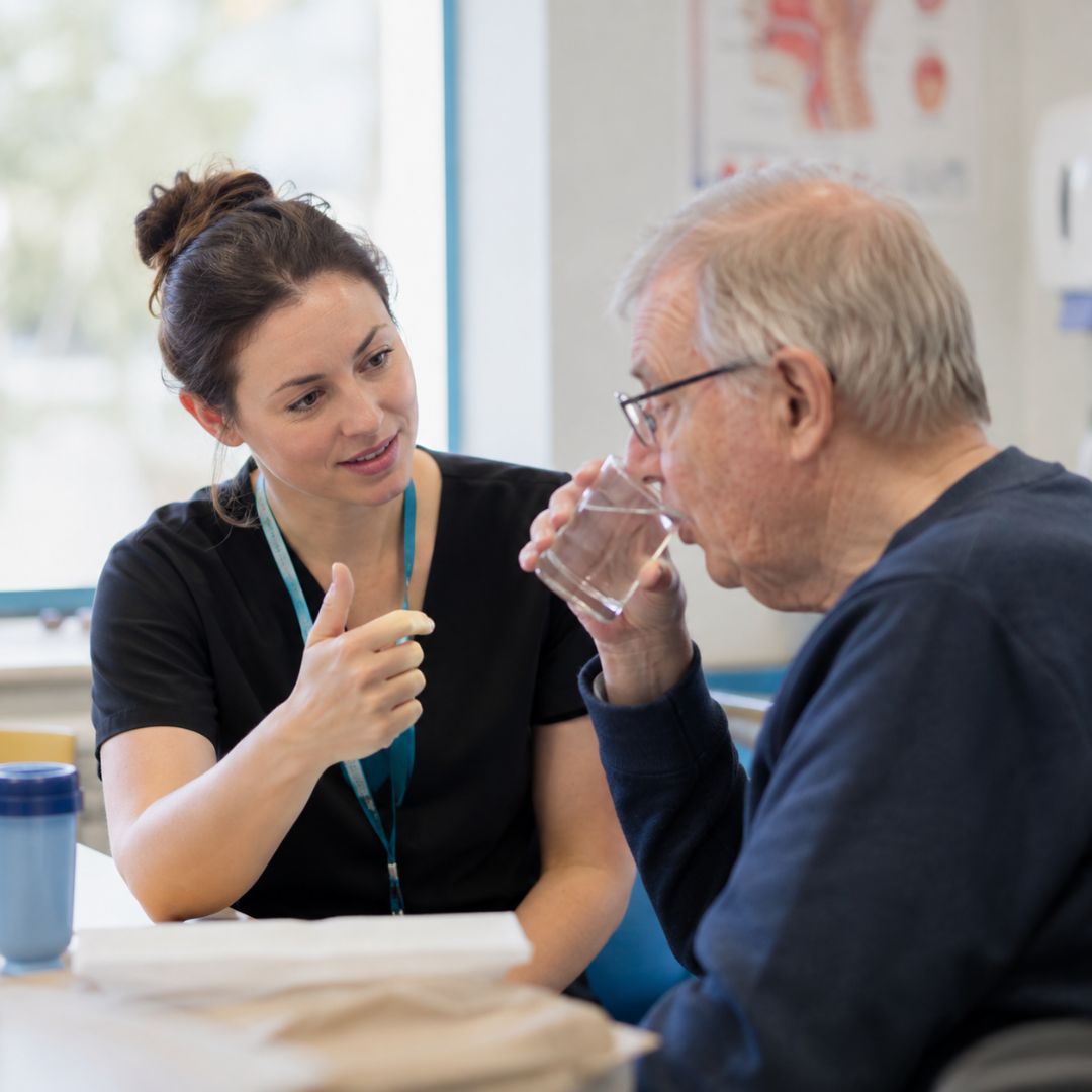 A speech and language therapist supports a man with drinking and swallowing