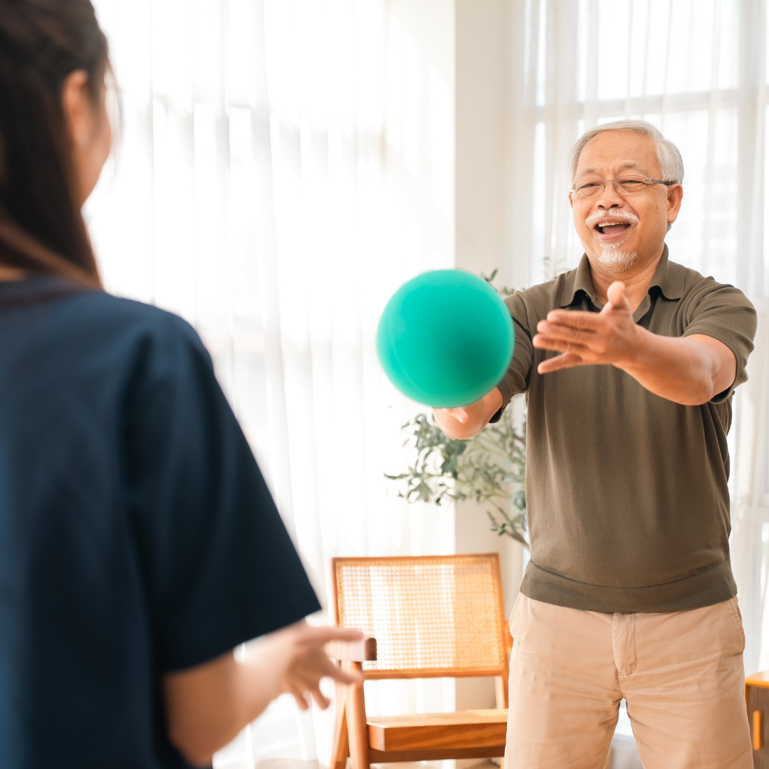 Cheerful senior man engaging in occupational therapy