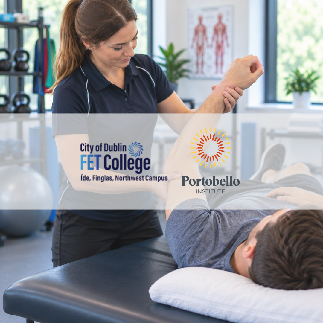 Sports therapist helping a male patient with an arm stretch in a rehabilitation clinic, with City of Dublin FET College and Portobello Institute logos
