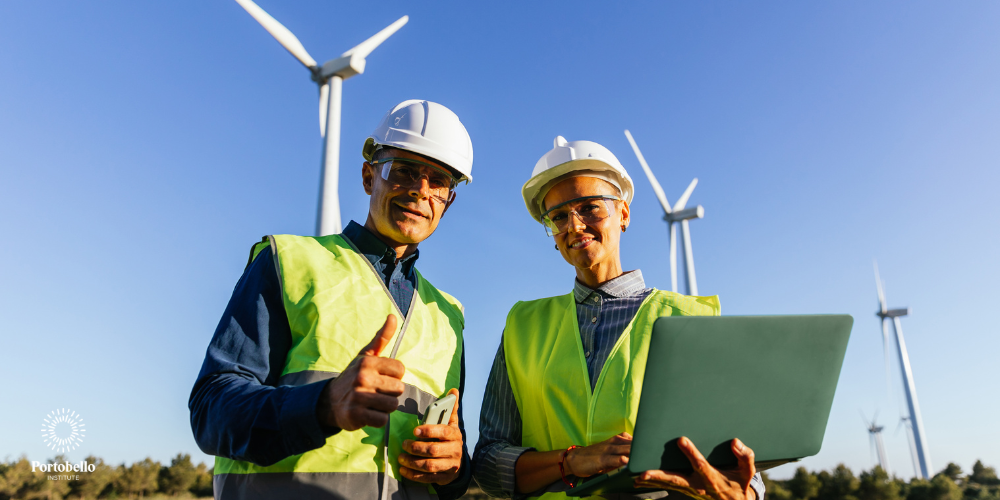 two people wearing hard hats and high vis jackets in front of wind turbines holding a laptop