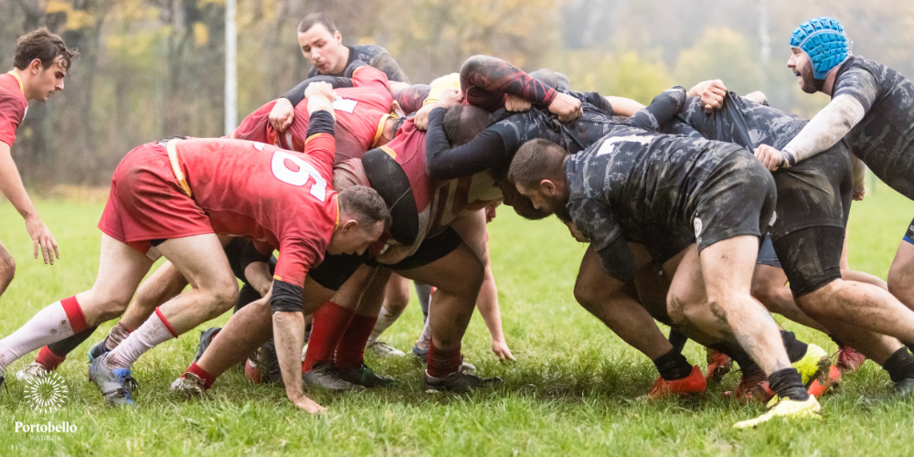 Rugby scrum in action